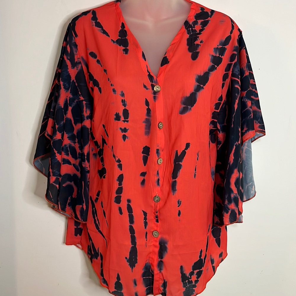 Vibrant Tie Dye Kimono Blouse Womens L Crimson Red Navy Flowy Button Front